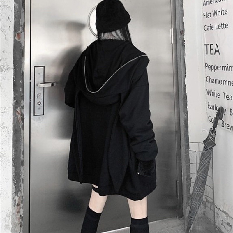 《現貨+預購》個性暗黑哥德地雷系秋冬兔耳加絨加厚連帽長袖衛衣 設計感 硬妹  亞文化 少女 龐克 街頭 原宿風  寬鬆-細節圖7