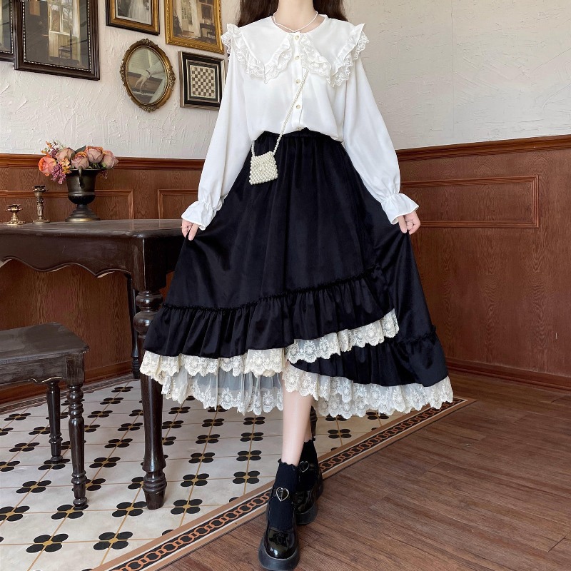 預購*法式氣質少女絲絨蕾絲大擺前短後長花邊中長款A字裙 秋冬 蛋糕裙 仙女 軟妹 學院風 文藝 半身裙 長裙 裙子-細節圖2