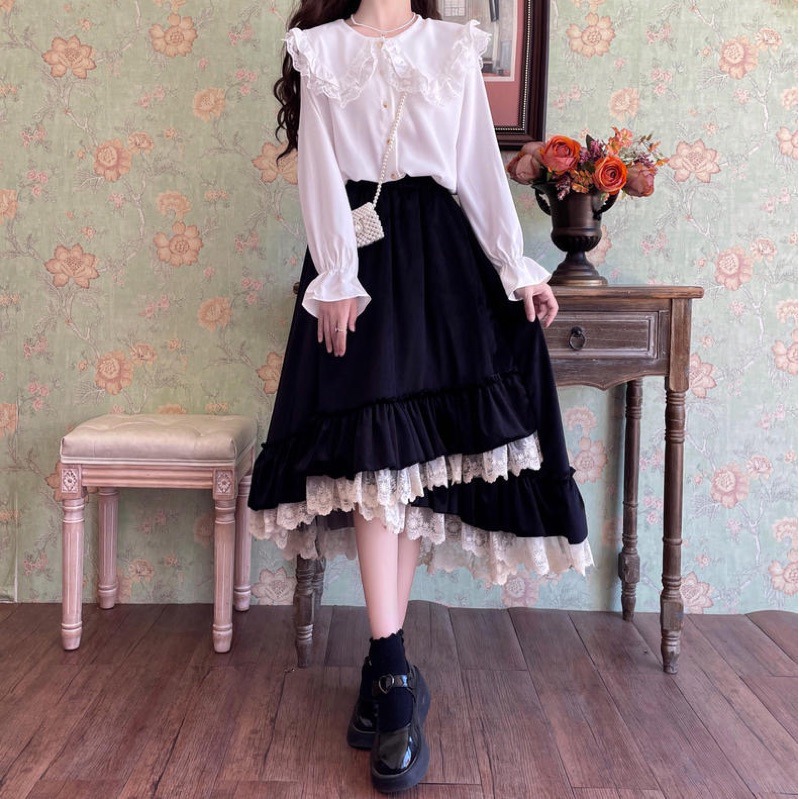 預購*法式氣質少女絲絨蕾絲大擺前短後長花邊中長款A字裙 秋冬 蛋糕裙 仙女 軟妹 學院風 文藝 半身裙 長裙 裙子-細節圖9