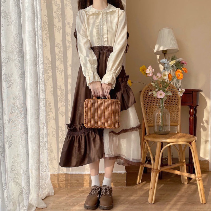 預購*春夏設計感不規則荷葉邊網紗拼接長裙 咖啡色 黑色 A字裙 小清新 日系 學院風 軟妹 復古 半身裙 裙子-細節圖4