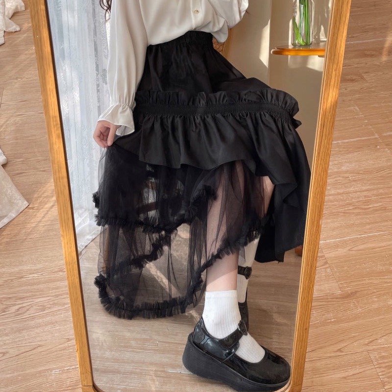 預購*春夏設計感不規則荷葉邊網紗拼接長裙 咖啡色 黑色 A字裙 小清新 日系 學院風 軟妹 復古 半身裙 裙子-細節圖6
