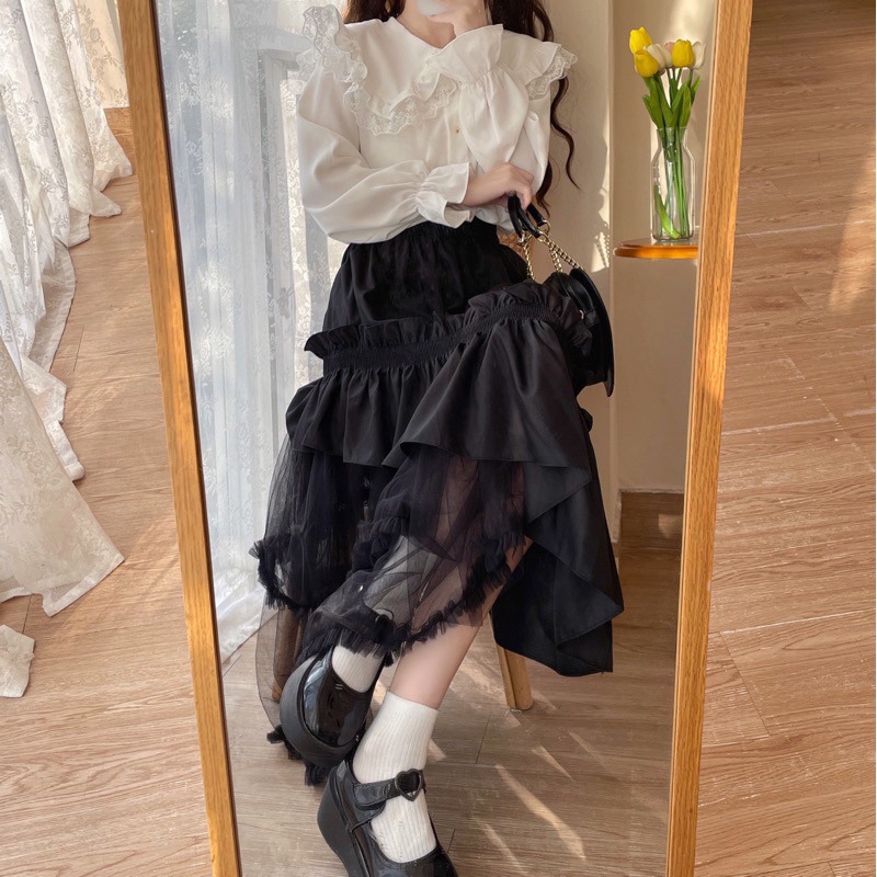 預購*春夏設計感不規則荷葉邊網紗拼接長裙 咖啡色 黑色 A字裙 小清新 日系 學院風 軟妹 復古 半身裙 裙子-細節圖7