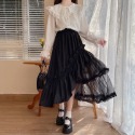 預購*春夏設計感不規則荷葉邊網紗拼接長裙 咖啡色 黑色 A字裙 小清新 日系 學院風 軟妹 復古 半身裙 裙子-規格圖8