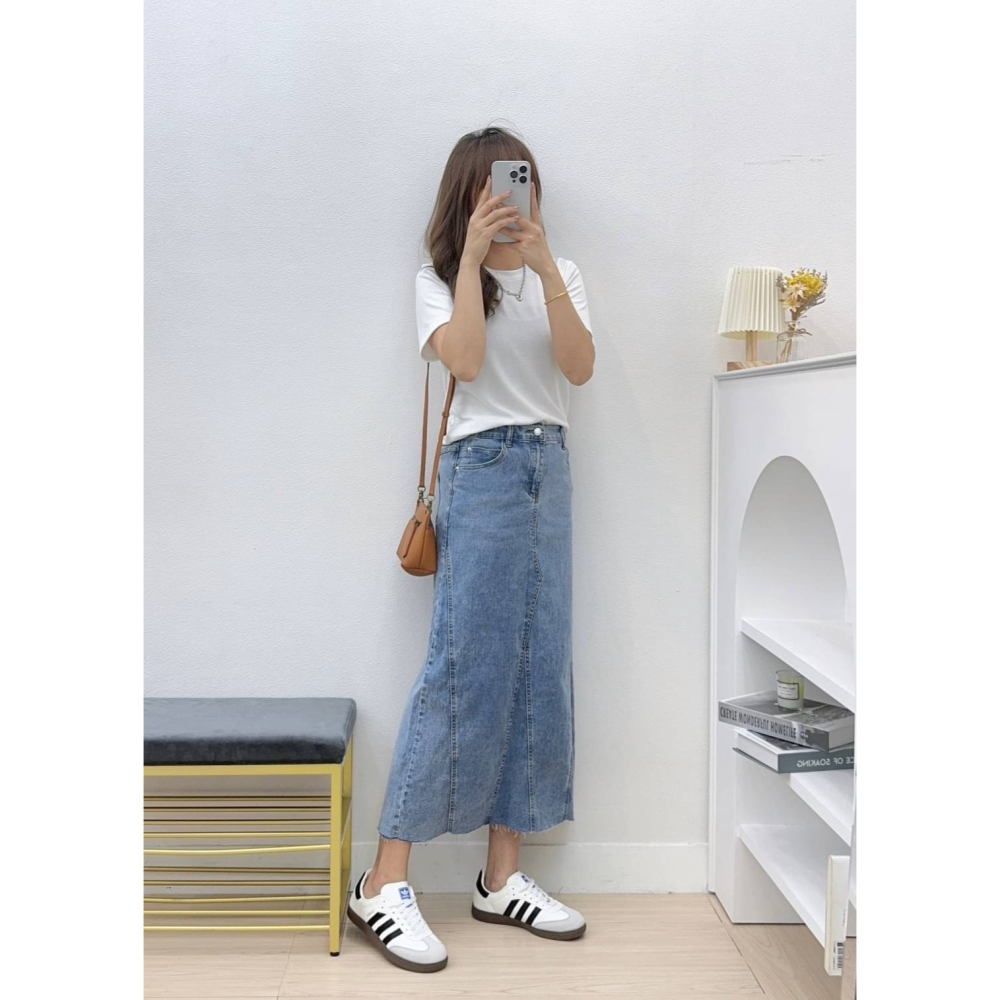 韓妞刷色不修邊Ａ字牛仔裙🤎牛仔裙 短裙 Ａ字 不修邊 Ａ字牛仔裙 休閒 刷色 不修邊長裙-細節圖2