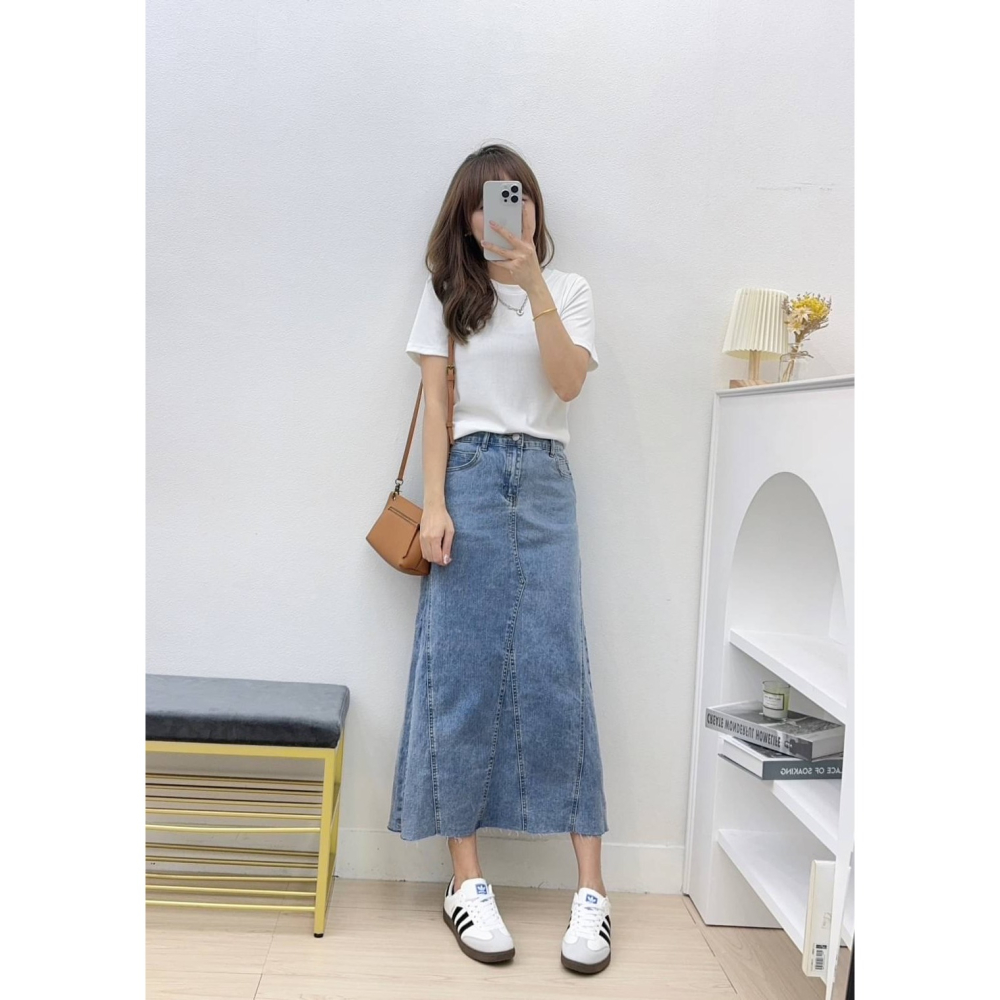 韓妞刷色不修邊Ａ字牛仔裙🤎牛仔裙 短裙 Ａ字 不修邊 Ａ字牛仔裙 休閒 刷色 不修邊長裙-細節圖3