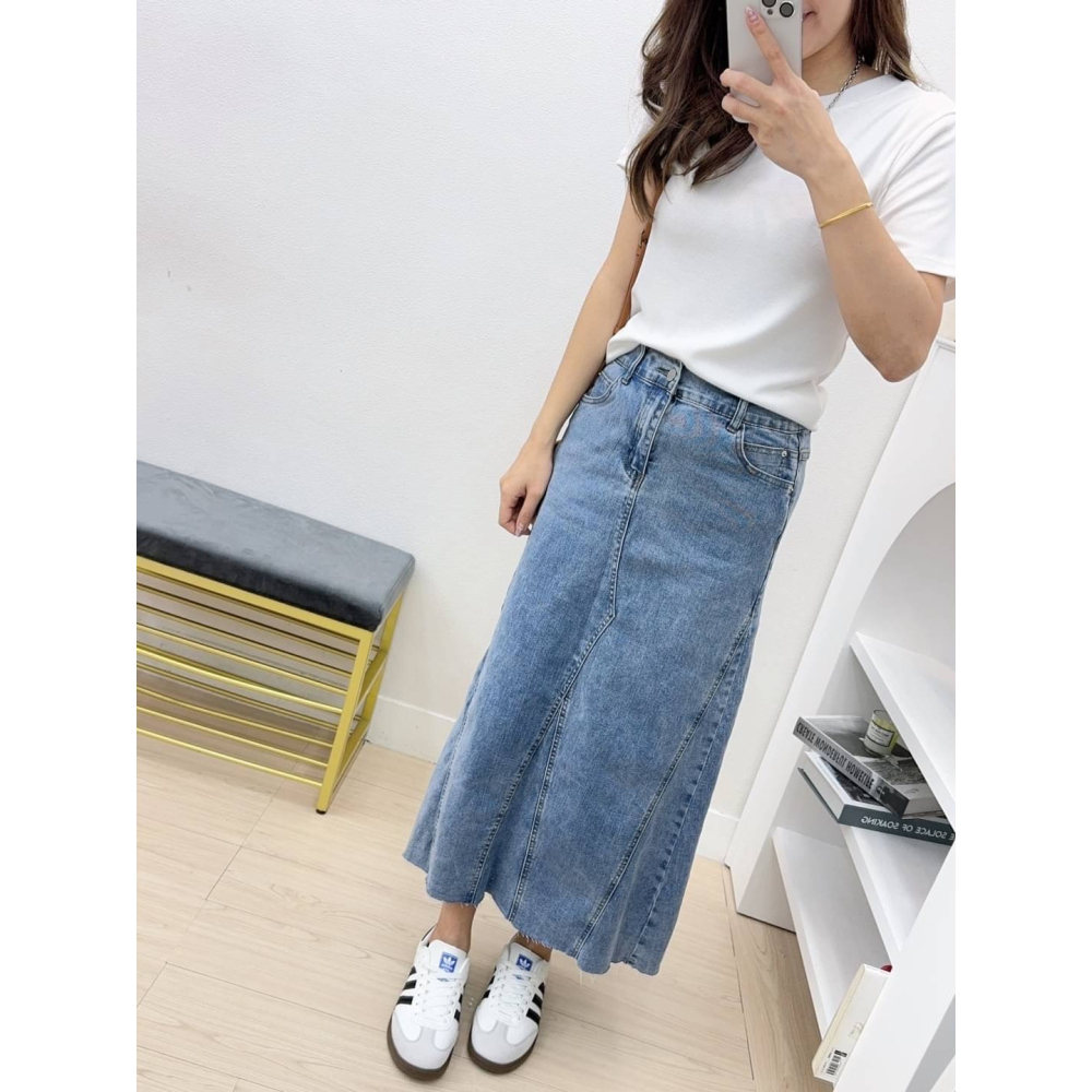 韓妞刷色不修邊Ａ字牛仔裙🤎牛仔裙 短裙 Ａ字 不修邊 Ａ字牛仔裙 休閒 刷色 不修邊長裙-細節圖4