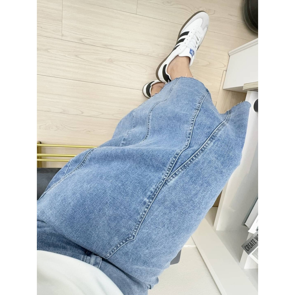 韓妞刷色不修邊Ａ字牛仔裙🤎牛仔裙 短裙 Ａ字 不修邊 Ａ字牛仔裙 休閒 刷色 不修邊長裙-細節圖7