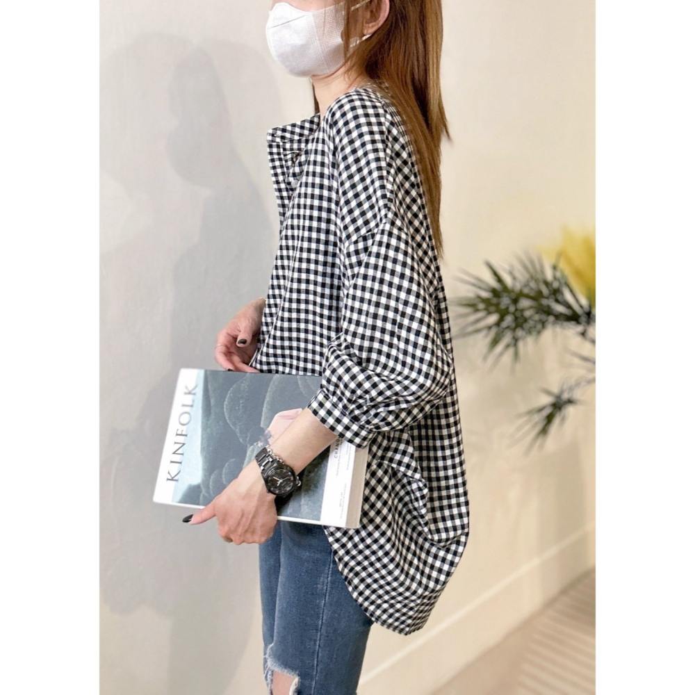 棉麻寬版格紋衫🤎襯衫 上衣 七分袖 立領 排釦 棉麻 上衣 寬版 格紋衫 格紋上衣-細節圖2