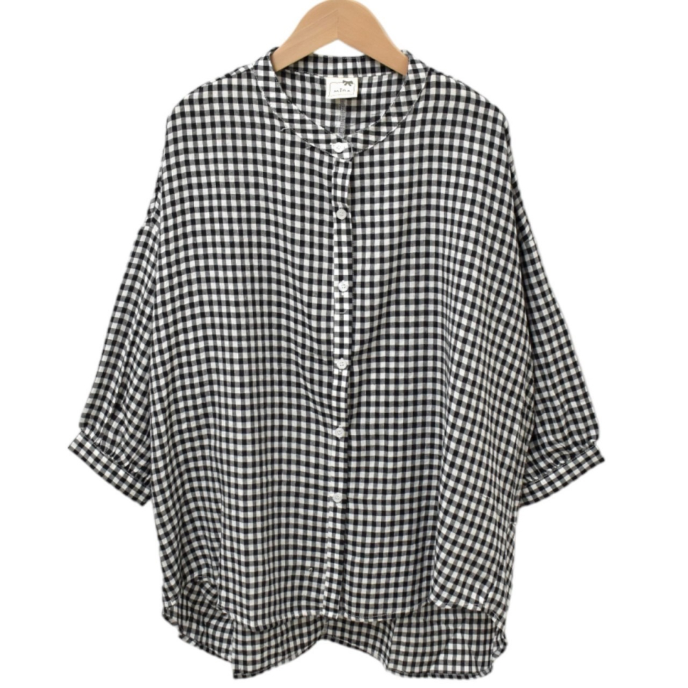 棉麻寬版格紋衫🤎襯衫 上衣 七分袖 立領 排釦 棉麻 上衣 寬版 格紋衫 格紋上衣-細節圖3