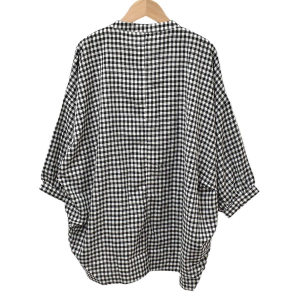 棉麻寬版格紋衫🤎襯衫 上衣 七分袖 立領 排釦 棉麻 上衣 寬版 格紋衫 格紋上衣-細節圖4