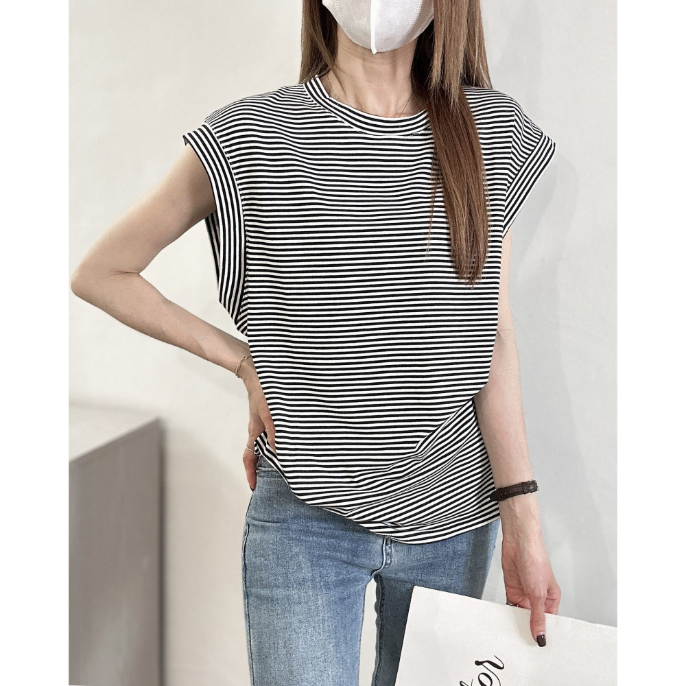 韓國無袖防曝光細條T🤎棉ＴＴ恤  上衣 無袖 圓領 細條 防曝光-細節圖2