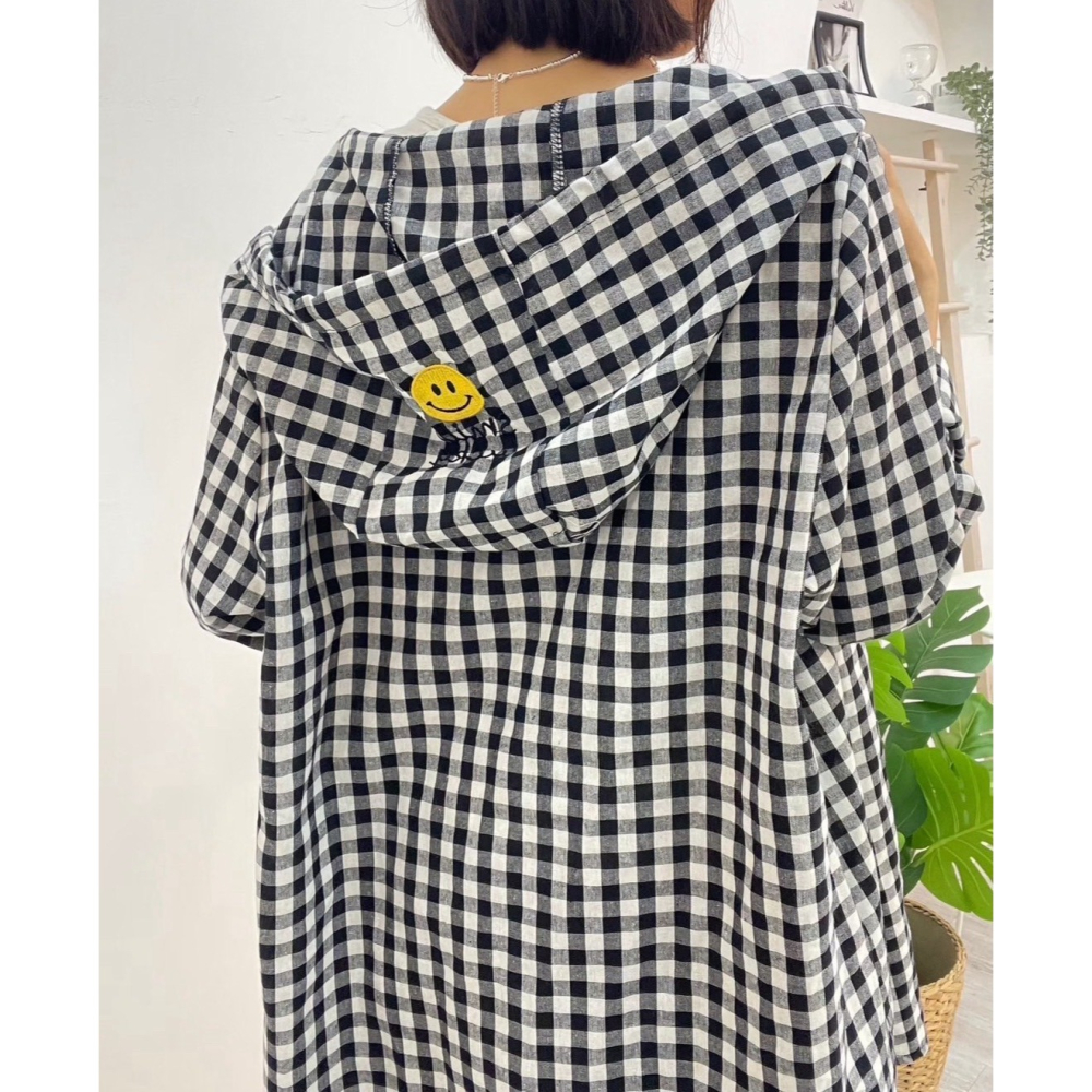 微笑標格紋連帽外套🤎外套 連帽 連帽外套 格紋 微笑 抽繩 排釦 開襟 長袖 上衣-細節圖9