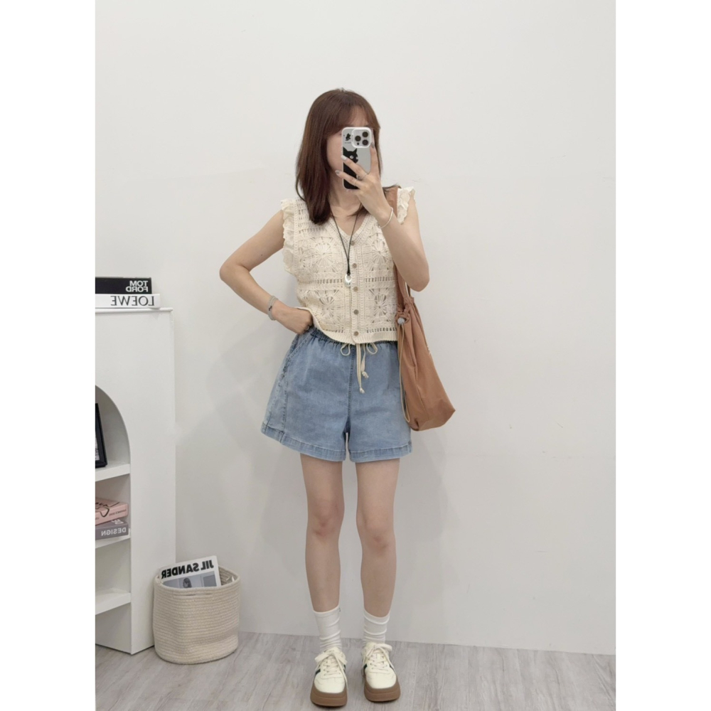 復古水洗A字牛仔短褲🤎短褲 牛仔 A字 水洗牛仔短褲 抽繩 牛仔短褲 腰鬆緊-細節圖2