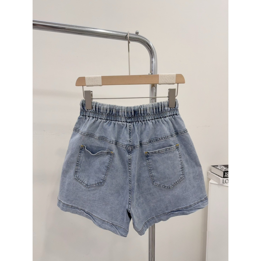 復古水洗A字牛仔短褲🤎短褲 牛仔 A字 水洗牛仔短褲 抽繩 牛仔短褲 腰鬆緊-細節圖3