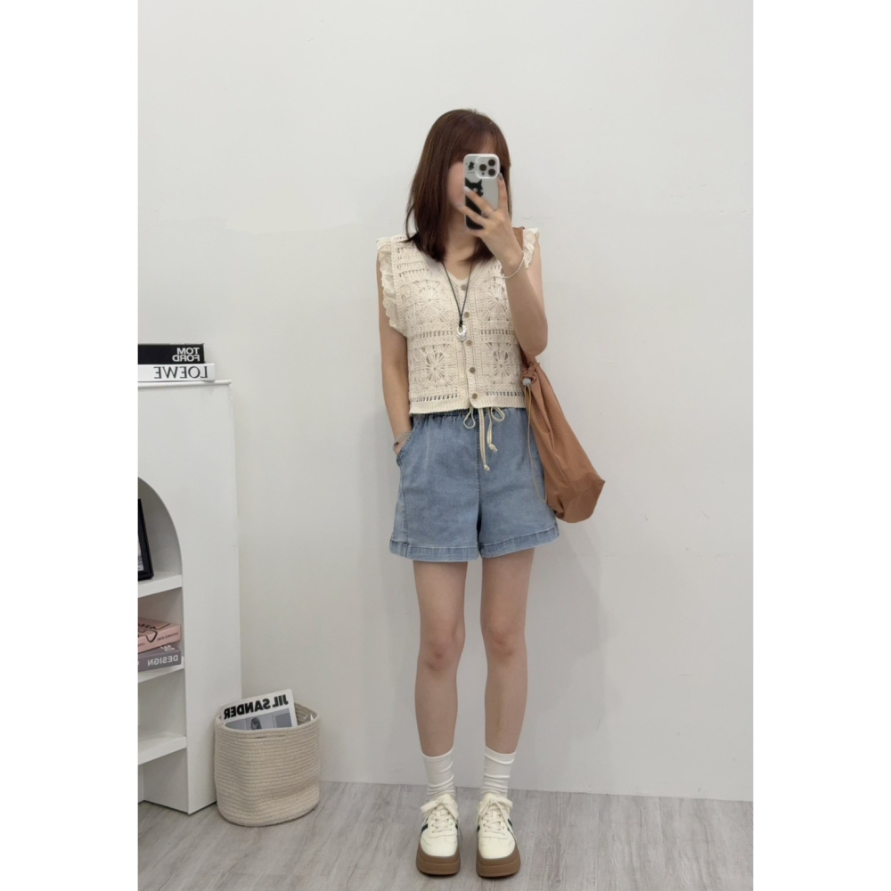 復古水洗A字牛仔短褲🤎短褲 牛仔 A字 水洗牛仔短褲 抽繩 牛仔短褲 腰鬆緊-細節圖5