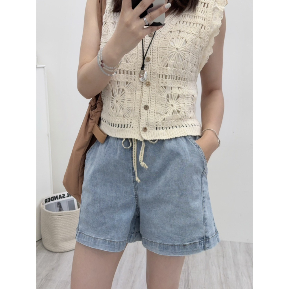復古水洗A字牛仔短褲🤎短褲 牛仔 A字 水洗牛仔短褲 抽繩 牛仔短褲 腰鬆緊-細節圖6