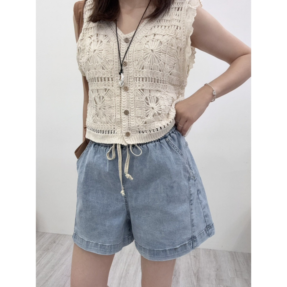 復古水洗A字牛仔短褲🤎短褲 牛仔 A字 水洗牛仔短褲 抽繩 牛仔短褲 腰鬆緊-細節圖7