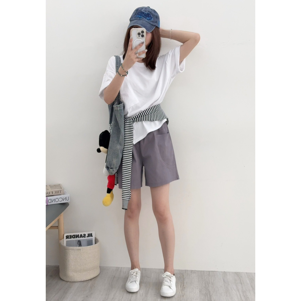 多色百搭休閒短褲🤎短褲 休閒 褲子 斜紋布 腰鬆緊 四分褲 休閒短褲-細節圖2