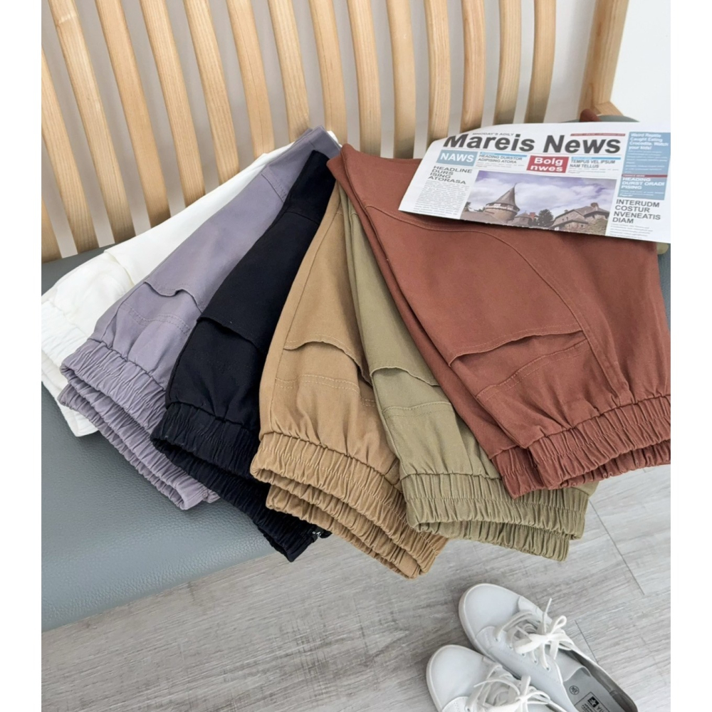 多色百搭休閒短褲🤎短褲 休閒 褲子 斜紋布 腰鬆緊 四分褲 休閒短褲-細節圖9