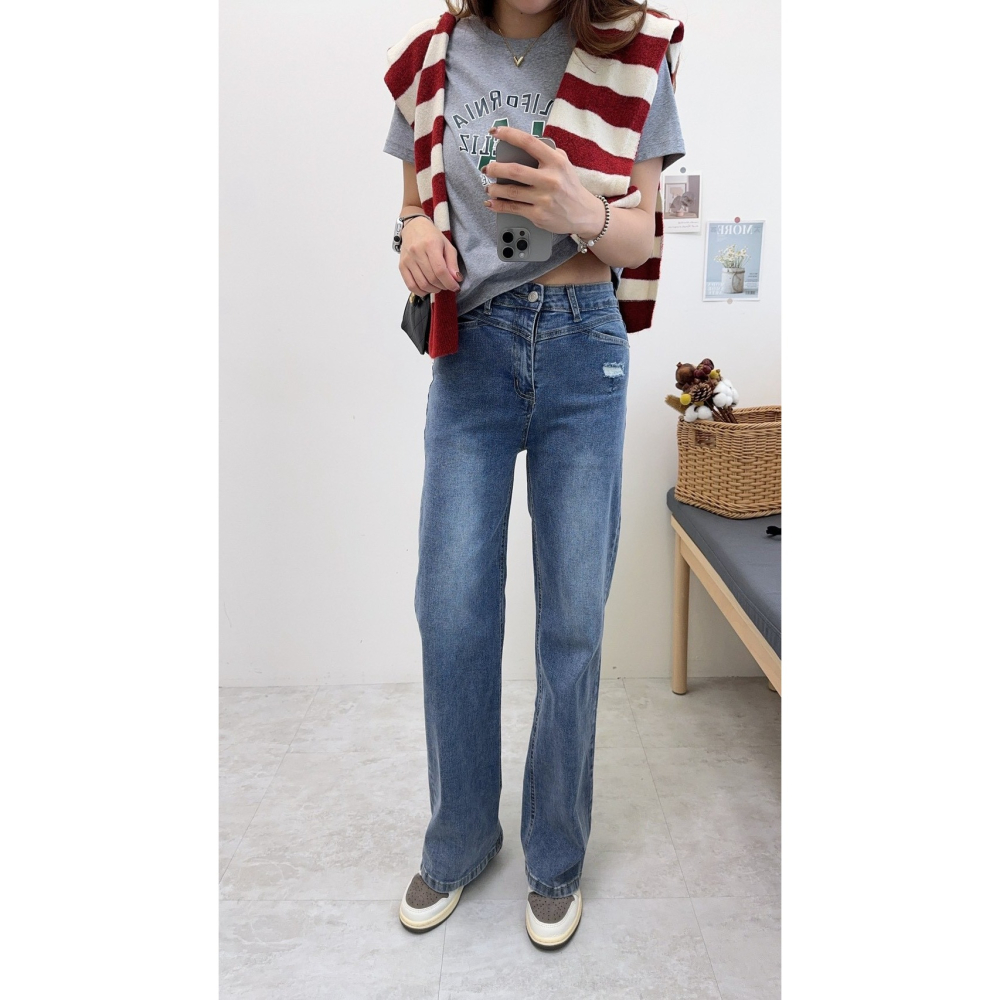 彈力修身顯瘦牛仔寬褲🤎寬褲 直筒褲 長褲 牛仔 彈力 牛仔寬褲 休閒-細節圖3