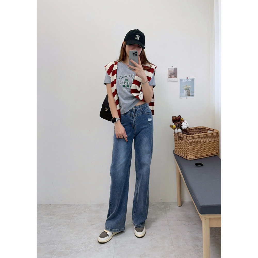 彈力修身顯瘦牛仔寬褲🤎寬褲 直筒褲 長褲 牛仔 彈力 牛仔寬褲 休閒-細節圖6