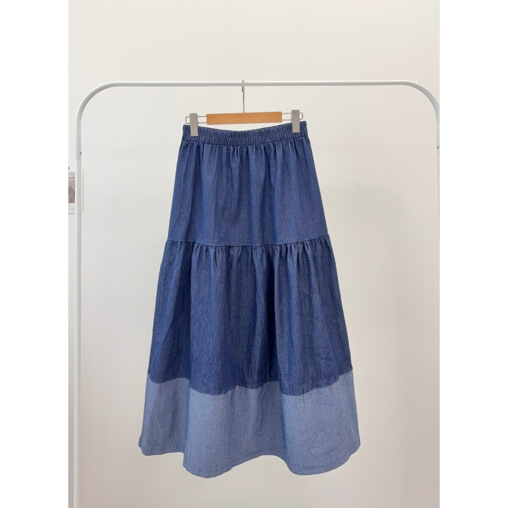 配色牛仔蛋糕裙🤎蛋糕裙 牛仔 長裙 牛仔裙 圓裙 腰鬆緊 跳色 牛仔蛋糕裙-細節圖2