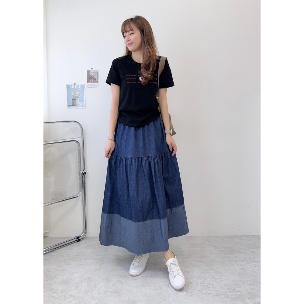 配色牛仔蛋糕裙🤎蛋糕裙 牛仔 長裙 牛仔裙 圓裙 腰鬆緊 跳色 牛仔蛋糕裙-細節圖3