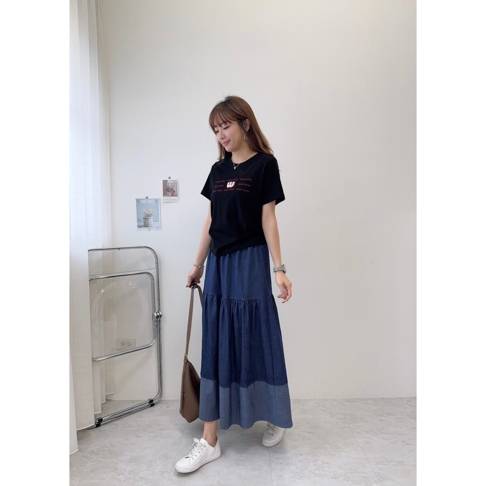 配色牛仔蛋糕裙🤎蛋糕裙 牛仔 長裙 牛仔裙 圓裙 腰鬆緊 跳色 牛仔蛋糕裙-細節圖4