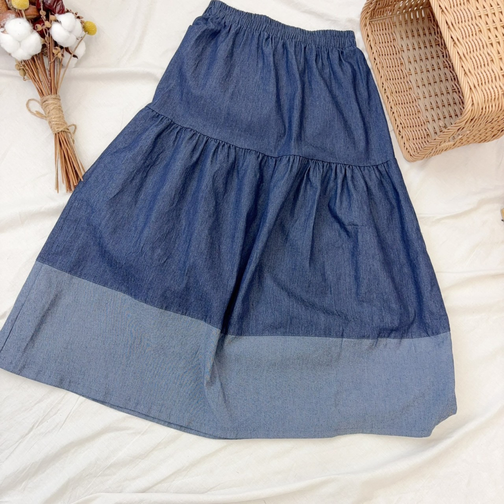 配色牛仔蛋糕裙🤎蛋糕裙 牛仔 長裙 牛仔裙 圓裙 腰鬆緊 跳色 牛仔蛋糕裙-細節圖5