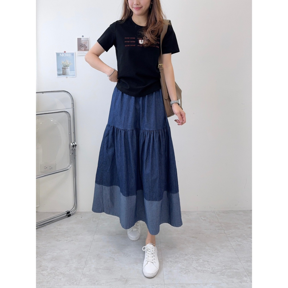 配色牛仔蛋糕裙🤎蛋糕裙 牛仔 長裙 牛仔裙 圓裙 腰鬆緊 跳色 牛仔蛋糕裙-細節圖6