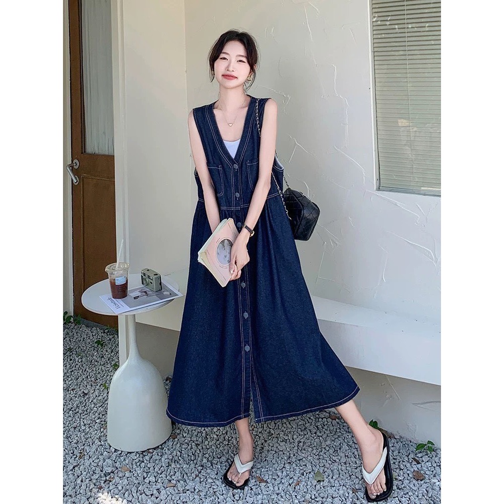 文青風牛仔背心洋🤎洋裝 連身裙 背心洋 無袖 牛仔 牛仔背心洋 文青風 排釦-細節圖3