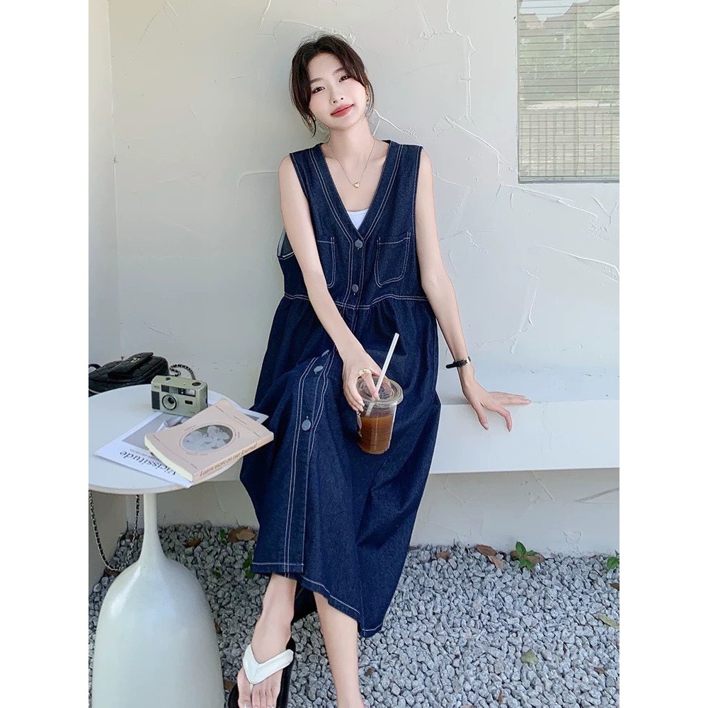 文青風牛仔背心洋🤎洋裝 連身裙 背心洋 無袖 牛仔 牛仔背心洋 文青風 排釦-細節圖4