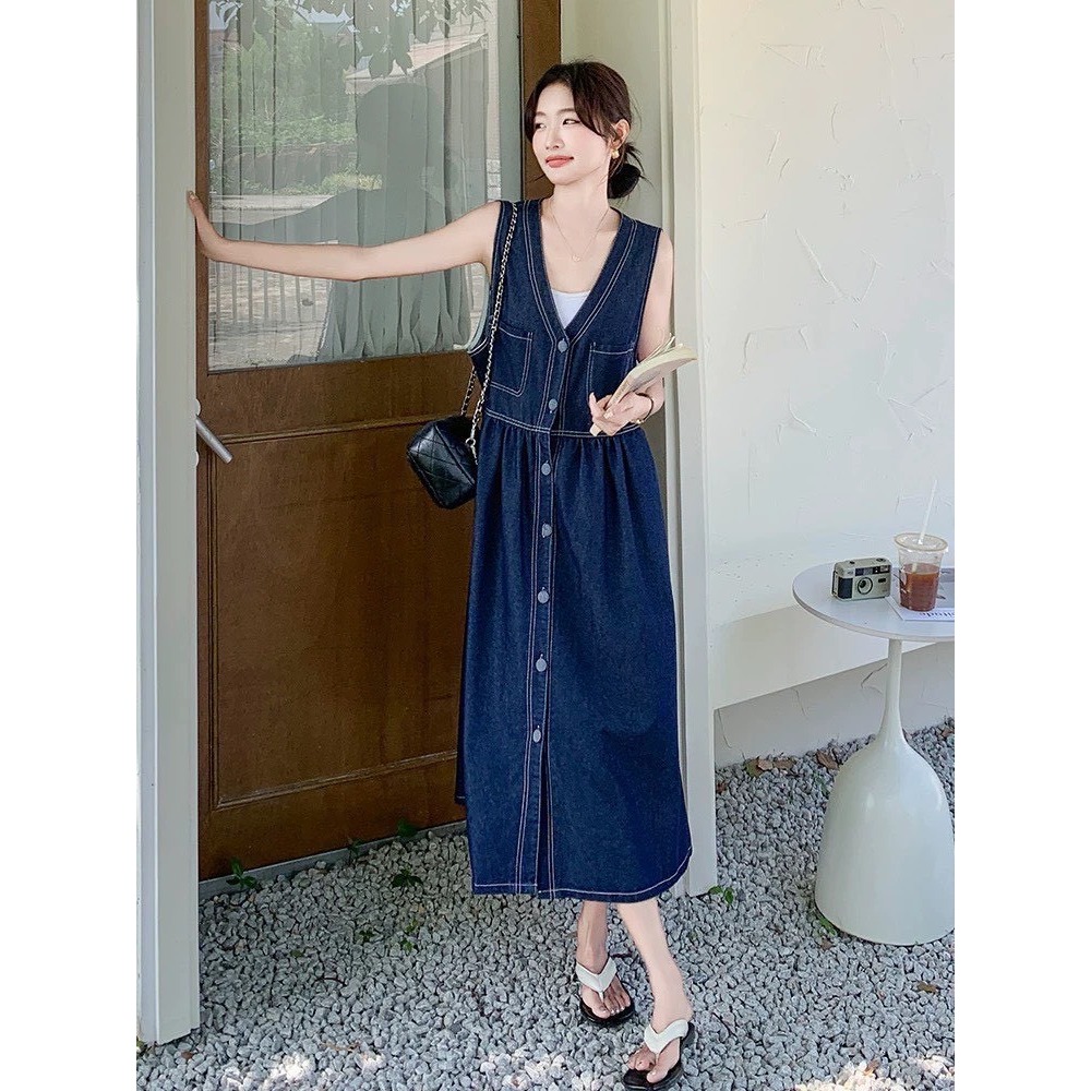 文青風牛仔背心洋🤎洋裝 連身裙 背心洋 無袖 牛仔 牛仔背心洋 文青風 排釦-細節圖5