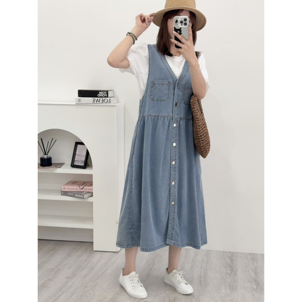 文青風牛仔背心洋🤎洋裝 連身裙 背心洋 無袖 牛仔 牛仔背心洋 文青風 排釦-細節圖7