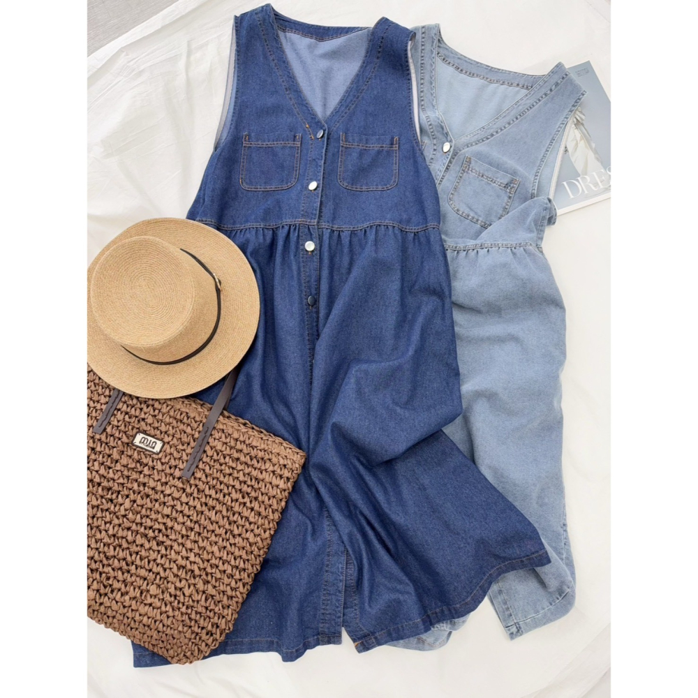 文青風牛仔背心洋🤎洋裝 連身裙 背心洋 無袖 牛仔 牛仔背心洋 文青風 排釦-細節圖8