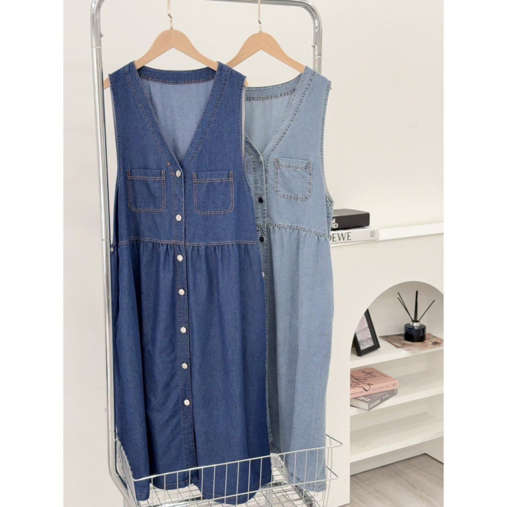 文青風牛仔背心洋🤎洋裝 連身裙 背心洋 無袖 牛仔 牛仔背心洋 文青風 排釦-細節圖10