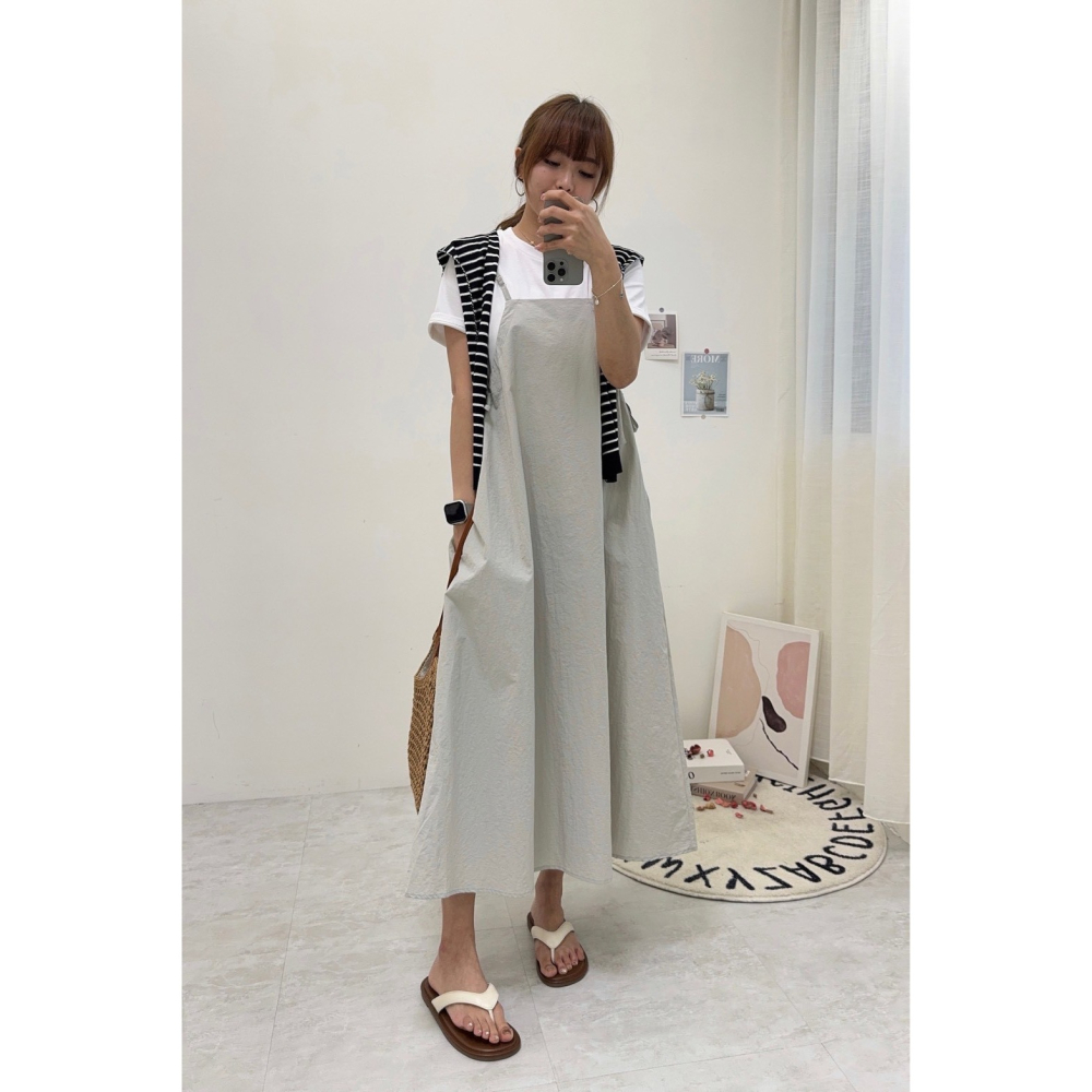 工裝細肩長洋兩件套🤎兩件套 短袖 圓領 上衣 連身裙 吊帶裙 細肩 長洋 工裝-細節圖3