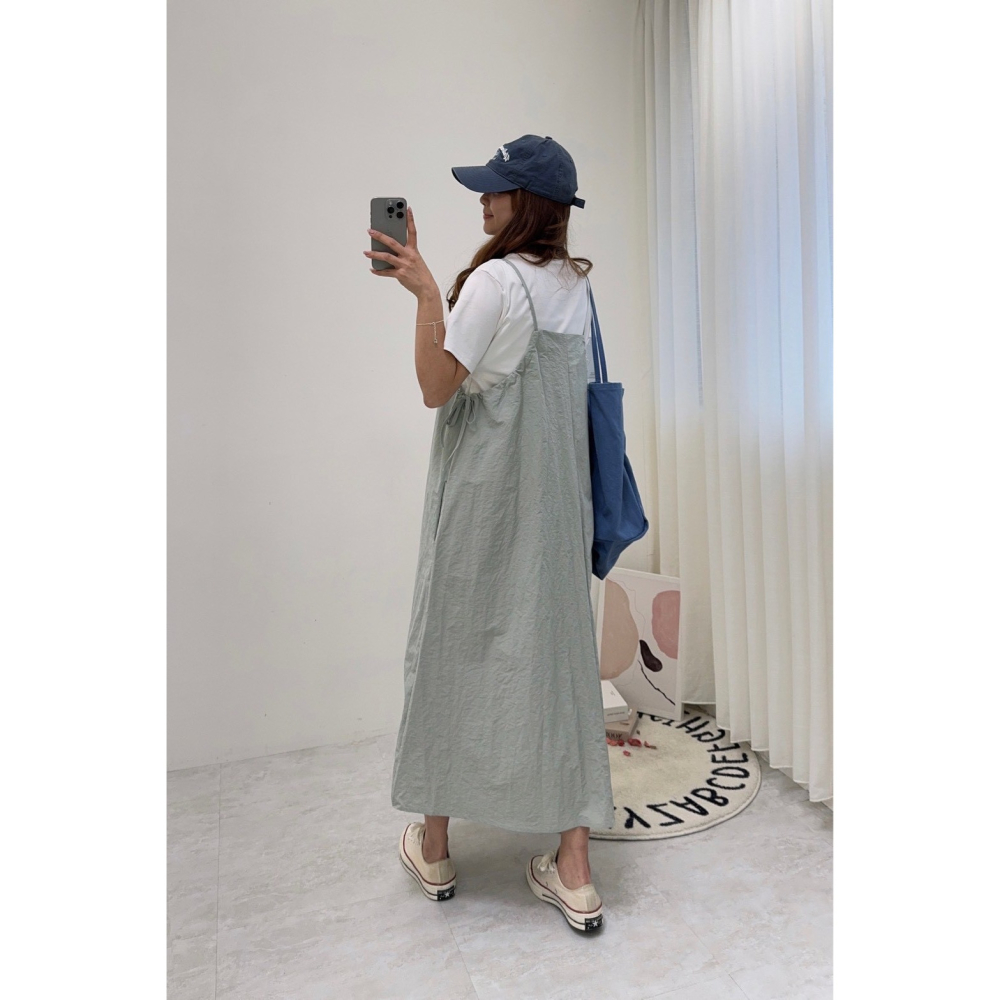 工裝細肩長洋兩件套🤎兩件套 短袖 圓領 上衣 連身裙 吊帶裙 細肩 長洋 工裝-細節圖6