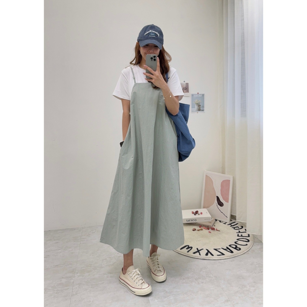 工裝細肩長洋兩件套🤎兩件套 短袖 圓領 上衣 連身裙 吊帶裙 細肩 長洋 工裝-細節圖7