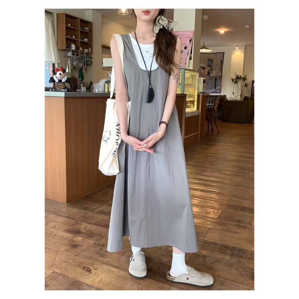 日系*無袖背心裙三件套組(上衣+裙+配掛件)🌕無袖 背心裙 長裙 連身裙 上衣 無袖上衣-細節圖2