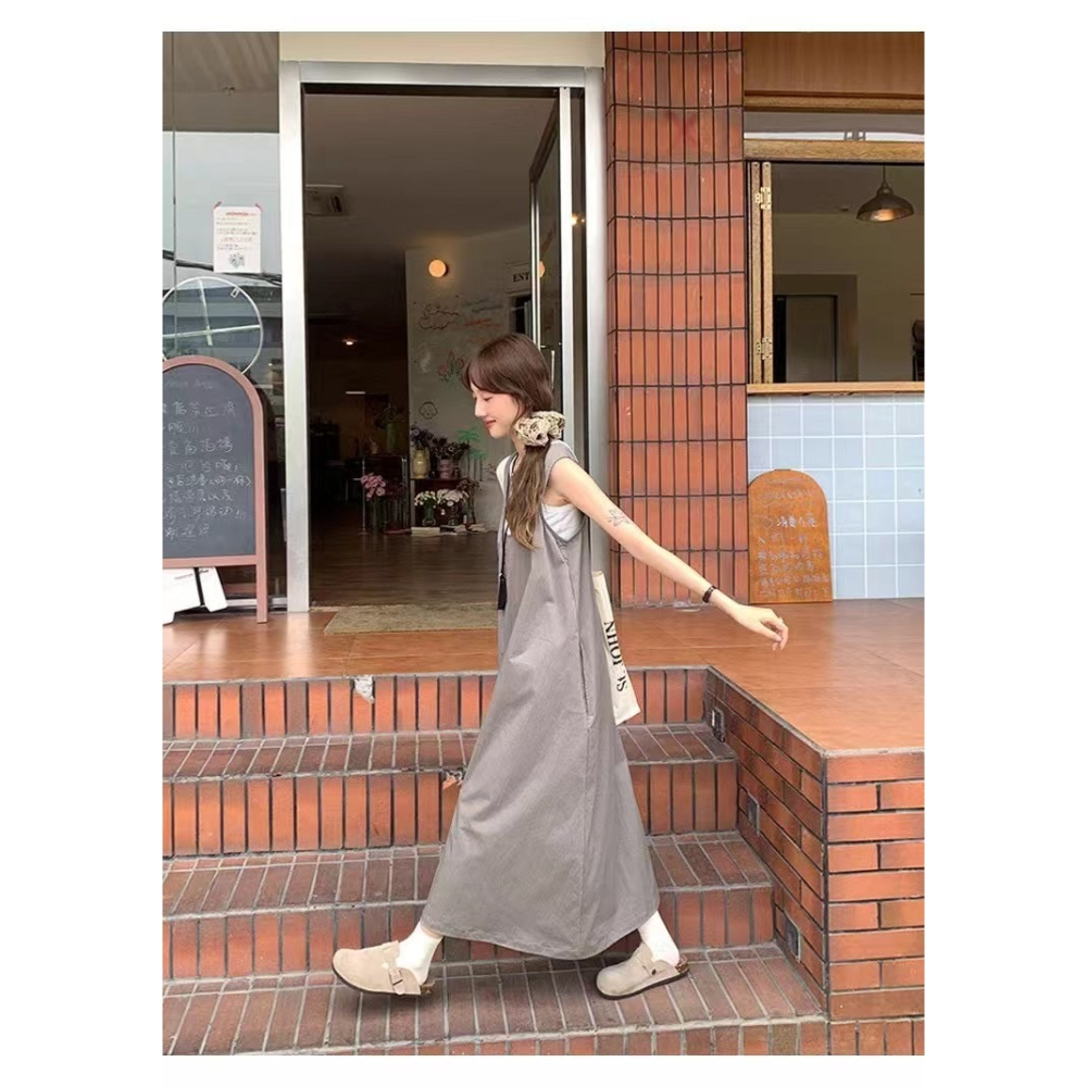 日系*無袖背心裙三件套組(上衣+裙+配掛件)🌕無袖 背心裙 長裙 連身裙 上衣 無袖上衣-細節圖3