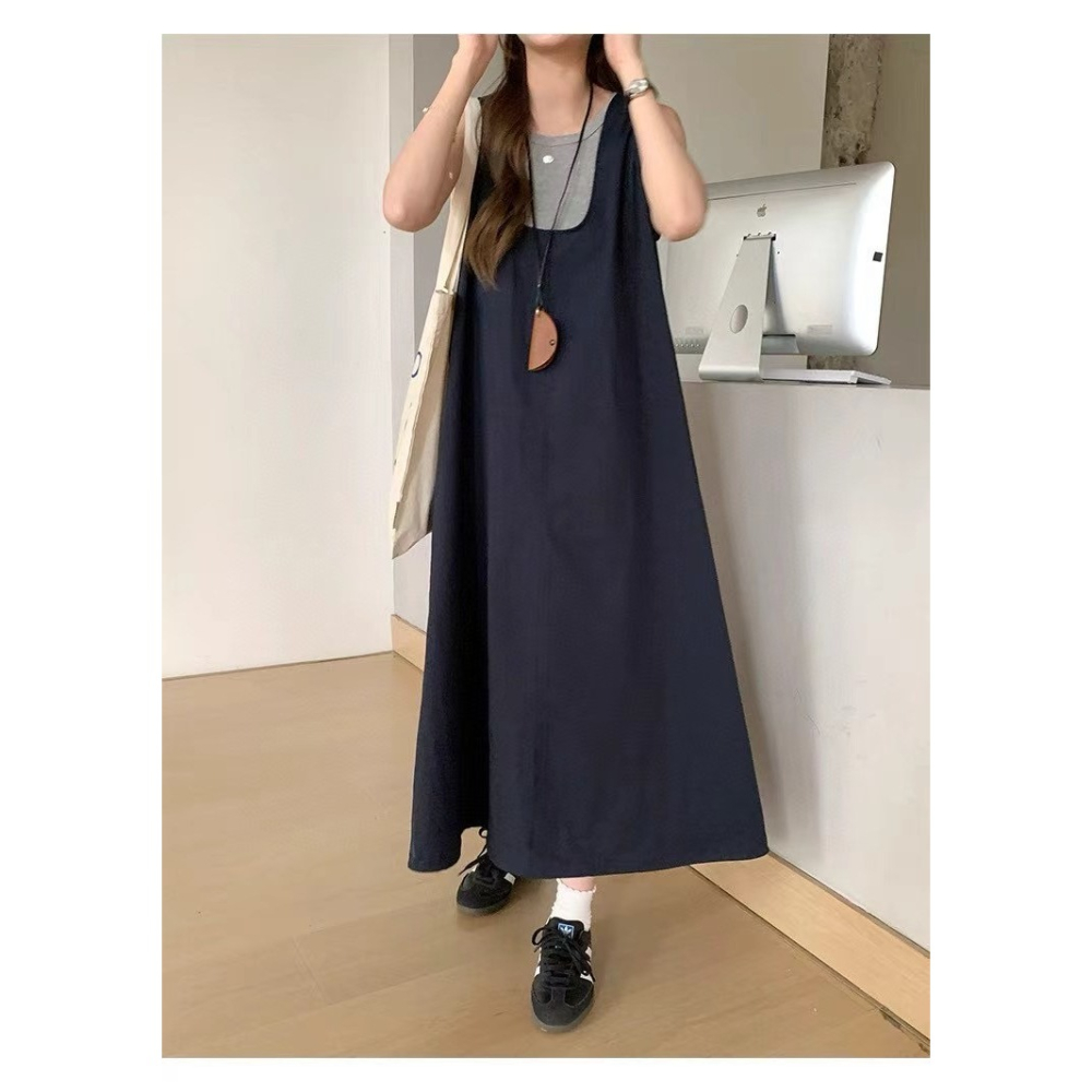 日系*無袖背心裙三件套組(上衣+裙+配掛件)🌕無袖 背心裙 長裙 連身裙 上衣 無袖上衣-細節圖4