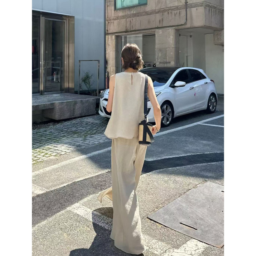 時尚無袖寬褲套裝🌕套裝 無袖 寬褲 長褲 寬褲套裝 上衣 無袖上衣 傘狀-細節圖2