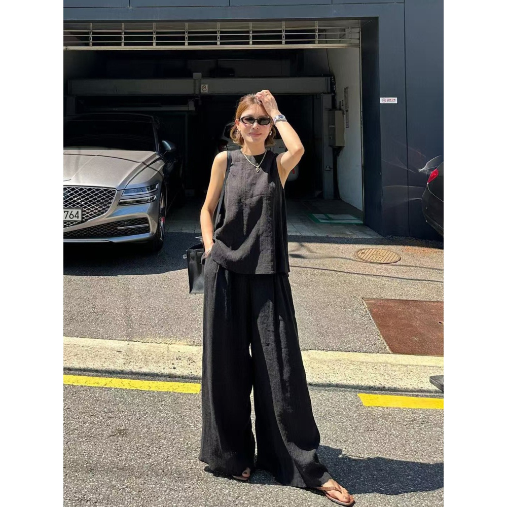 時尚無袖寬褲套裝🌕套裝 無袖 寬褲 長褲 寬褲套裝 上衣 無袖上衣 傘狀-細節圖3