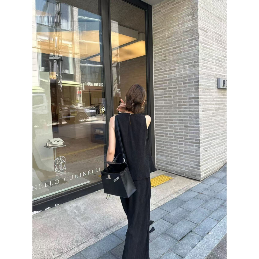 時尚無袖寬褲套裝🌕套裝 無袖 寬褲 長褲 寬褲套裝 上衣 無袖上衣 傘狀-細節圖4