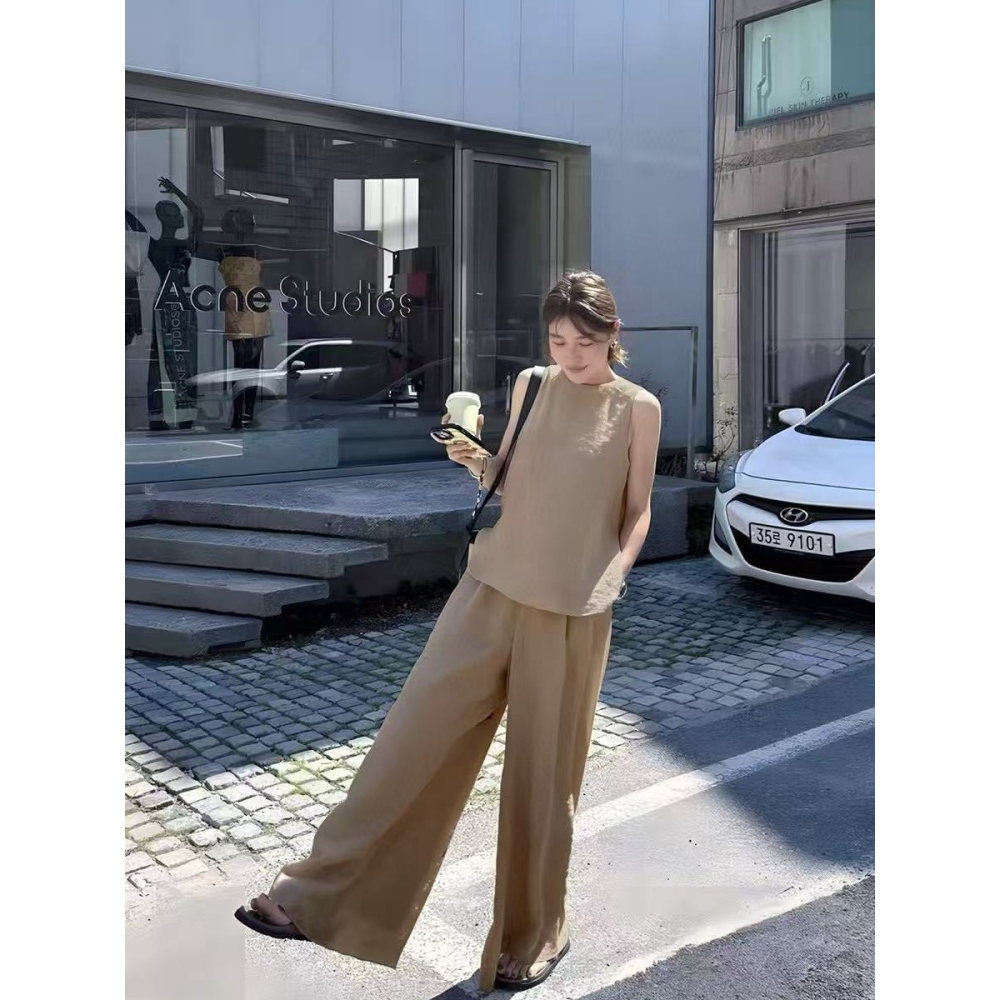 時尚無袖寬褲套裝🌕套裝 無袖 寬褲 長褲 寬褲套裝 上衣 無袖上衣 傘狀-細節圖5