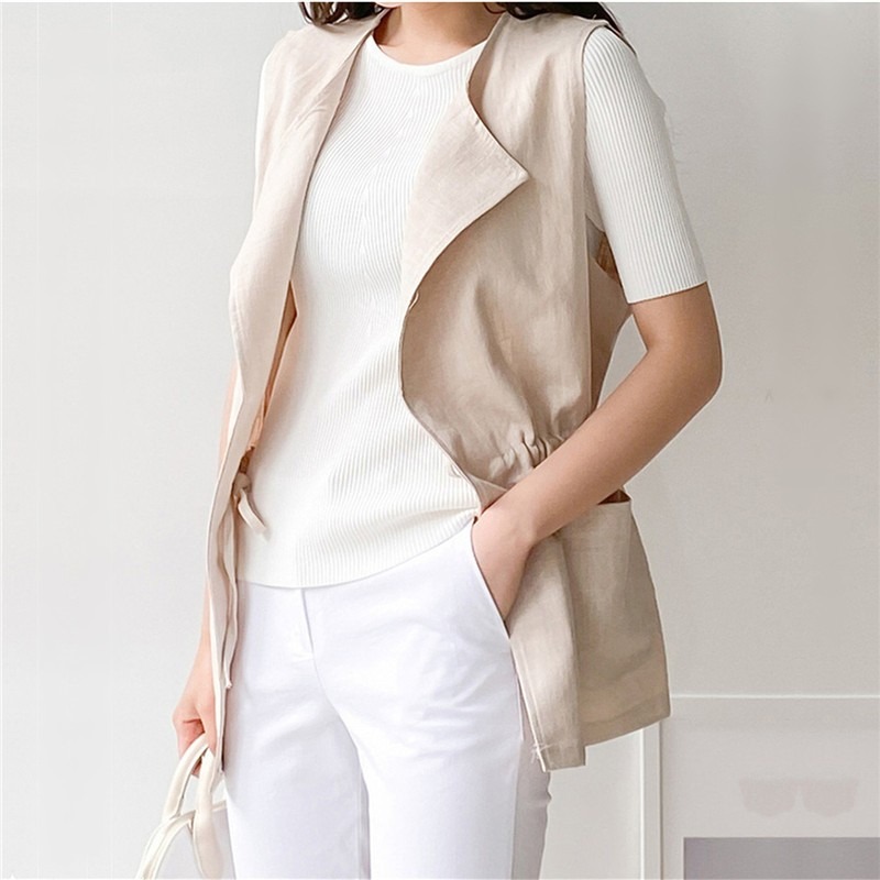 簡約抽繩收腰背心🌕背心 抽繩 外套背心 無袖 翻領 開襟 上衣-細節圖2