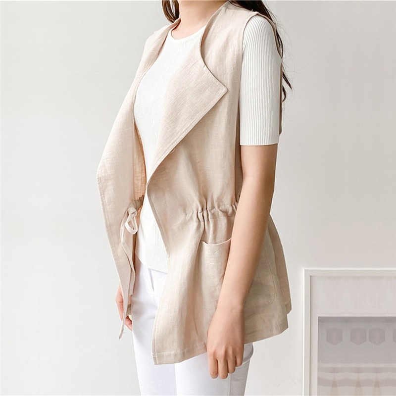 簡約抽繩收腰背心🌕背心 抽繩 外套背心 無袖 翻領 開襟 上衣-細節圖3