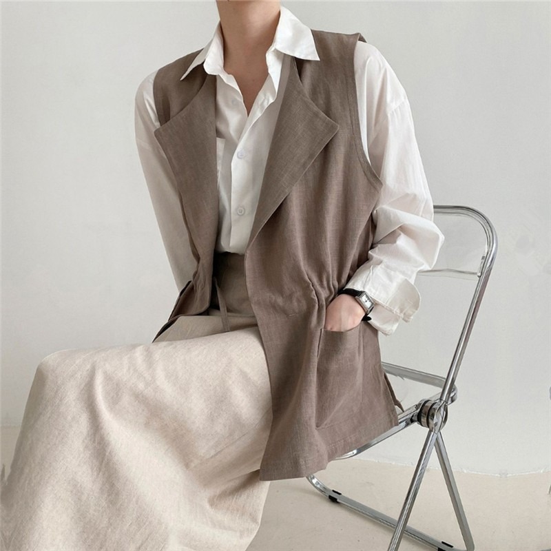 簡約抽繩收腰背心🌕背心 抽繩 外套背心 無袖 翻領 開襟 上衣-細節圖5