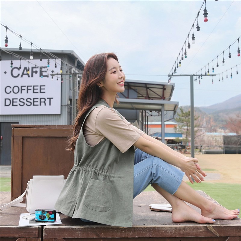 簡約抽繩收腰背心🌕背心 抽繩 外套背心 無袖 翻領 開襟 上衣-細節圖6